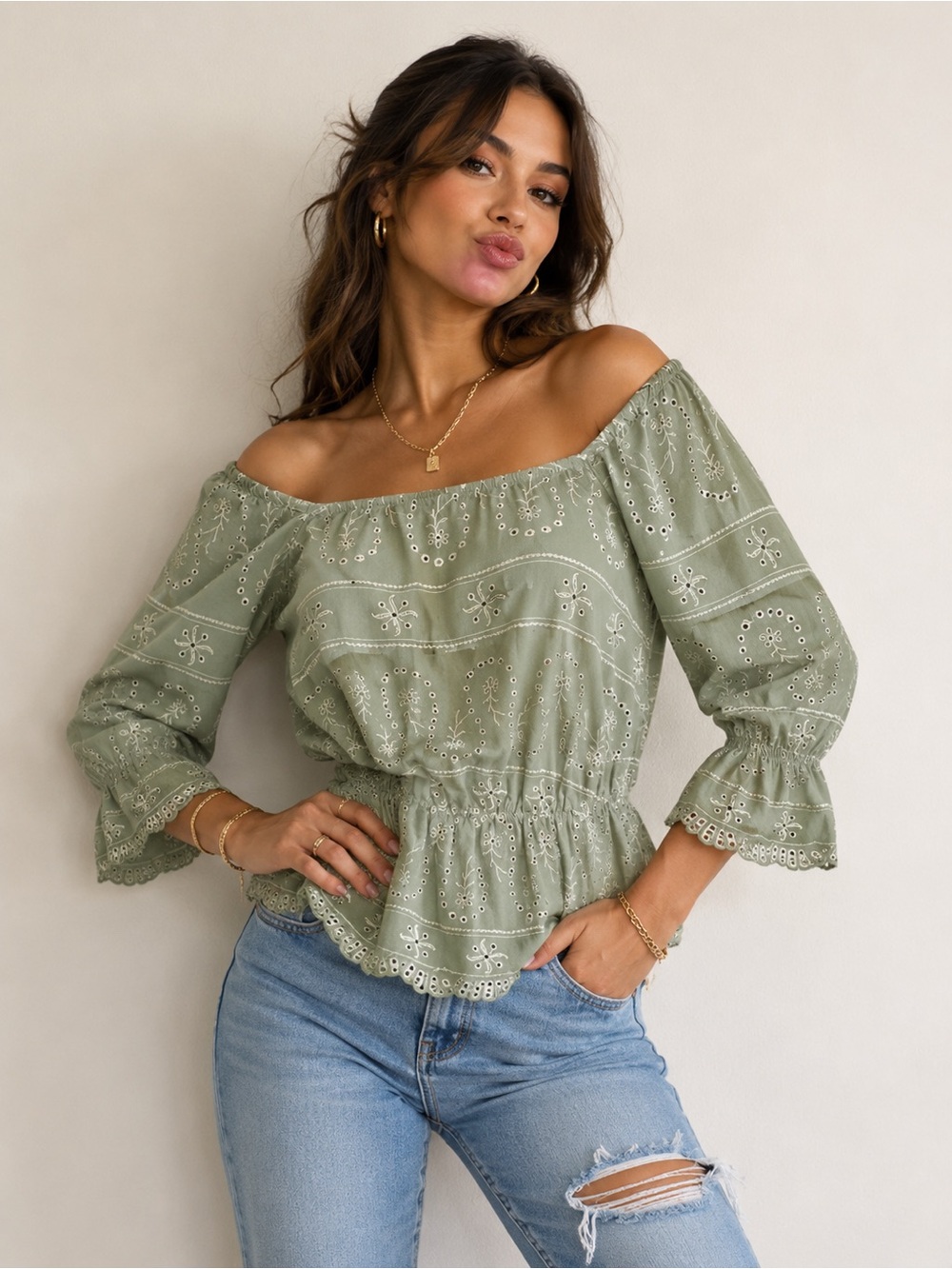 CATO WOMENS PEA GREEN OFF THE SHOULDER EYELET DETAIL BLOUSE SIZE XS